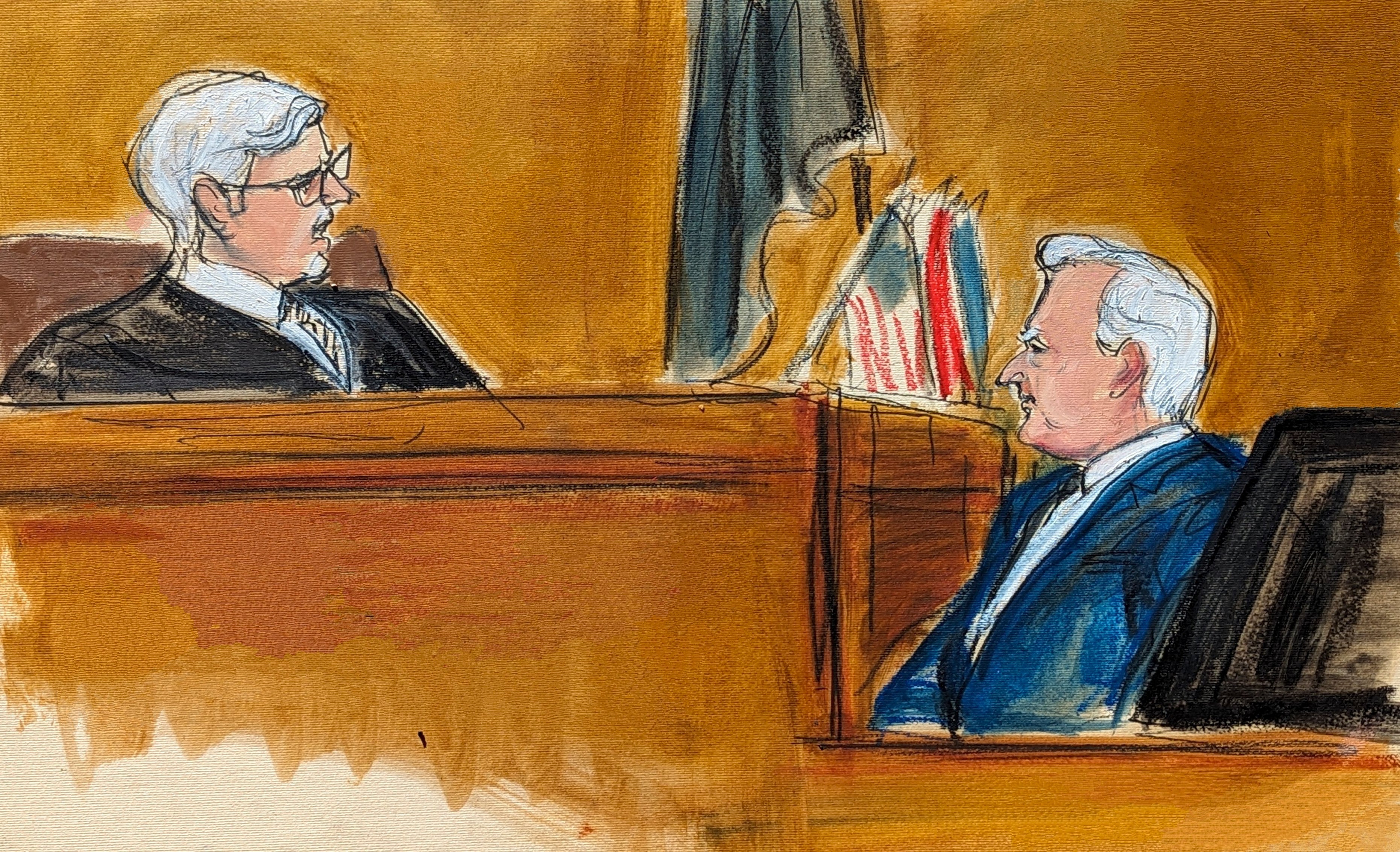 A courtroom sketch depicts Justice Juan Merchan reprimanding Robert Costello during Donald Trump’s hush money trial on May 20