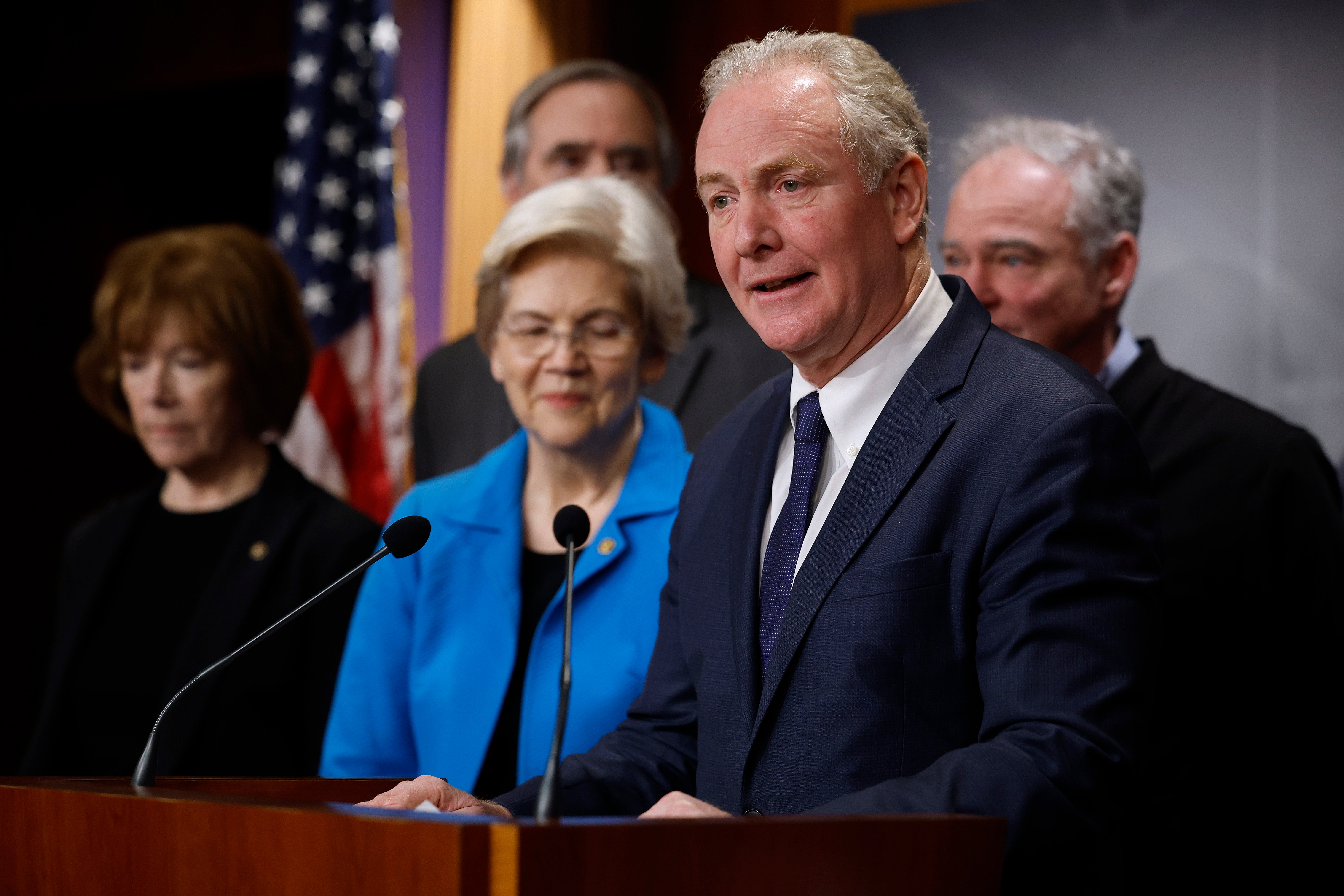 Sen. Chris Van Hollen (D-MD) (C) is one of only a handful of senators who supports a ceasefire between Israel and Hamas. (Photo by Chip Somodevilla/Getty Images)