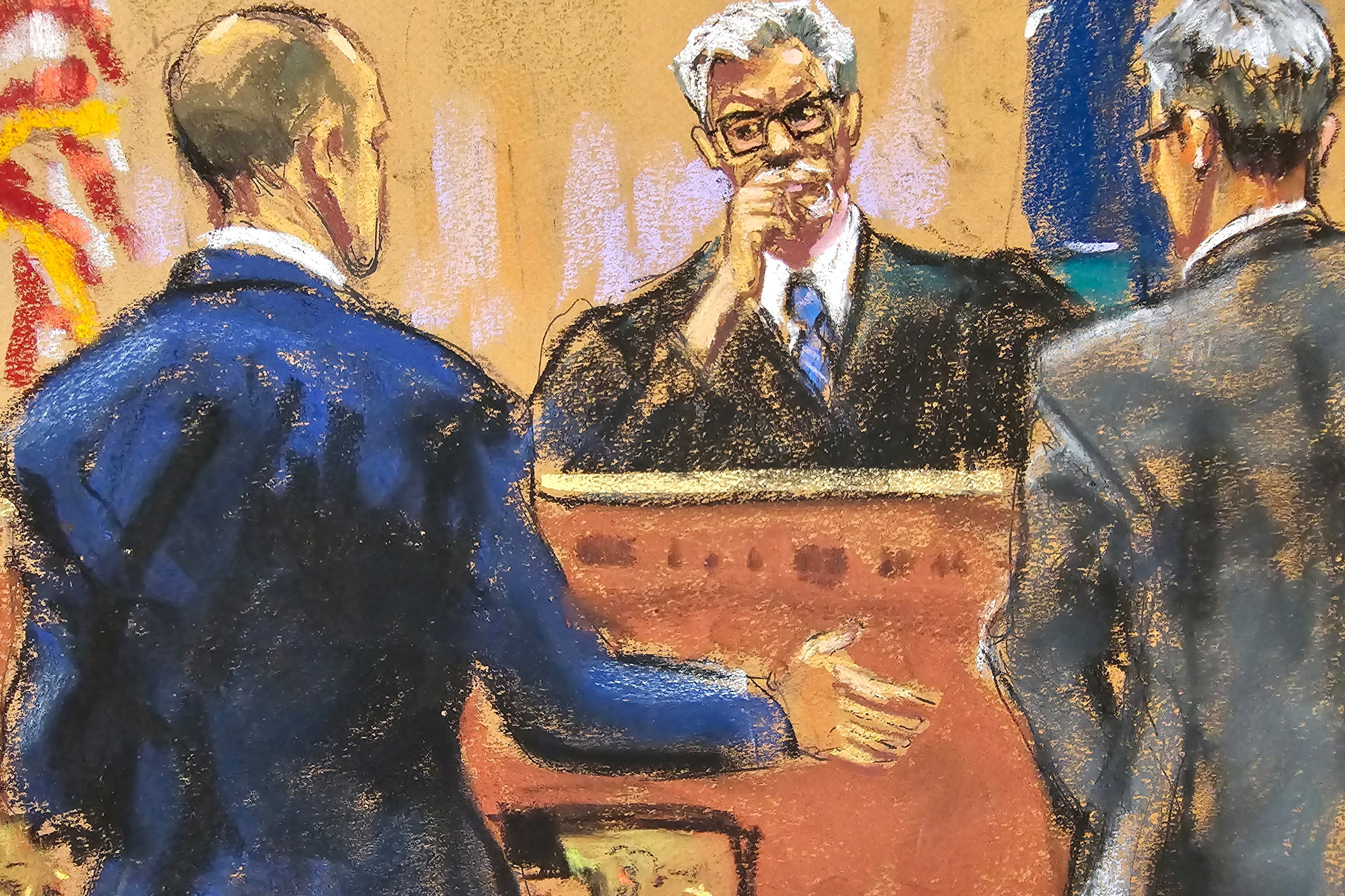 A courtroom sketch depicts Justice Juan Merchan listening to defense attorney Emil Bove and Assistant District Attorney Matthew Colangelo during Donald Trump’s hush money trial on May 21.