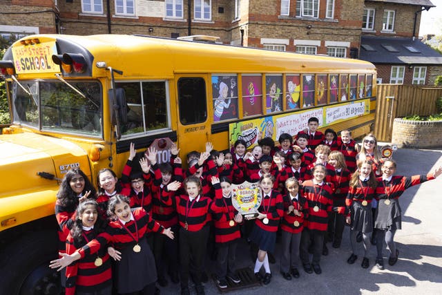 Students from Year 6 at Northside Primary School celebrate as their class has been crowned Britain’s Funniest Class by the Beano (David Parry/PA Media Assignments)