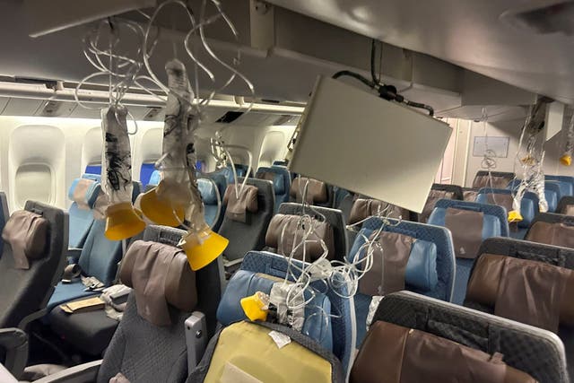 The interior of Singapore Airline flight SQ321 is pictured after an emergency landing at Bangkok’s Suvarnabhumi International Airport, Thailand, 21 May 2024