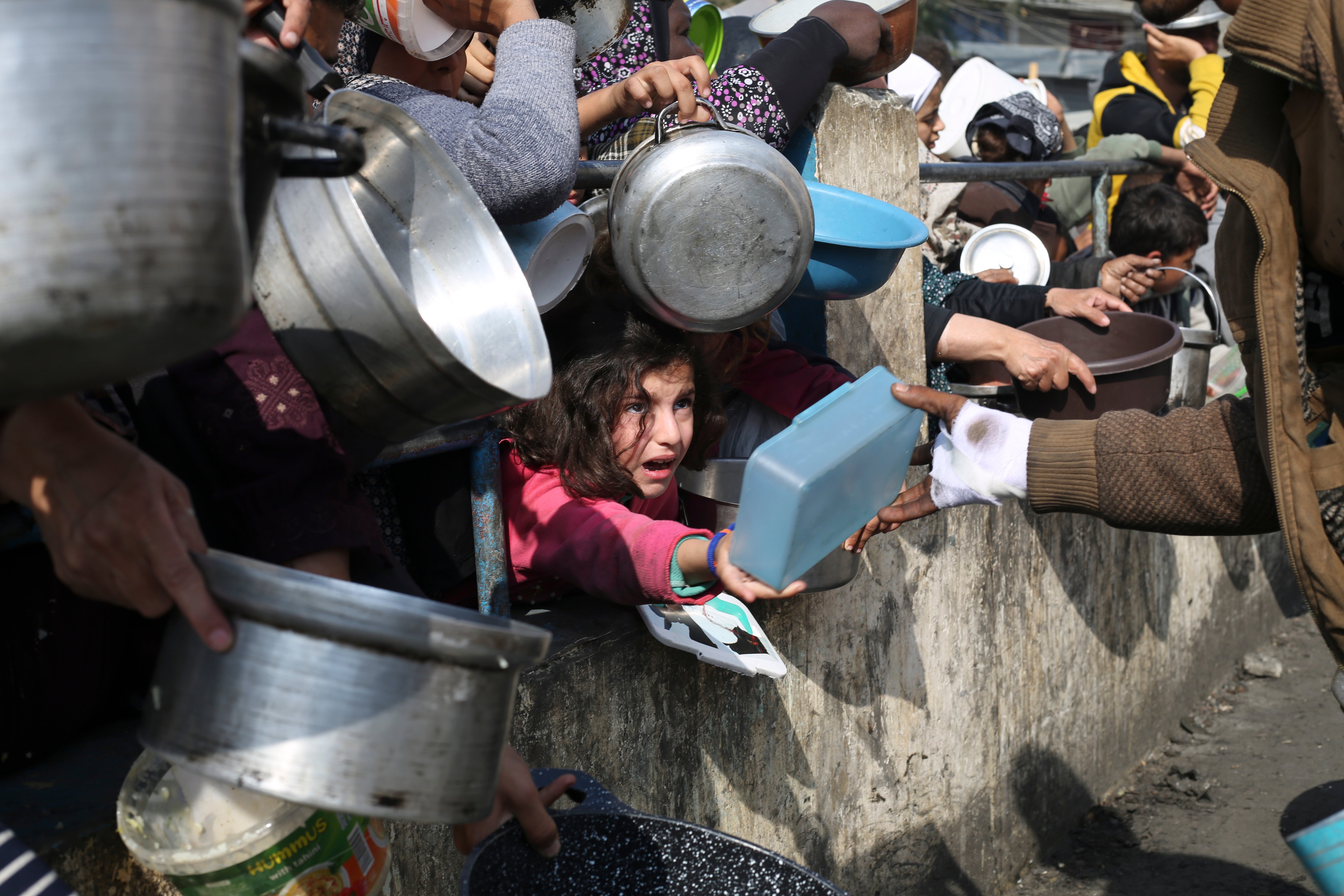 Palestinians line up for free food during the ongoing Israeli air and ground offensive on the Gaza Strip in Rafah