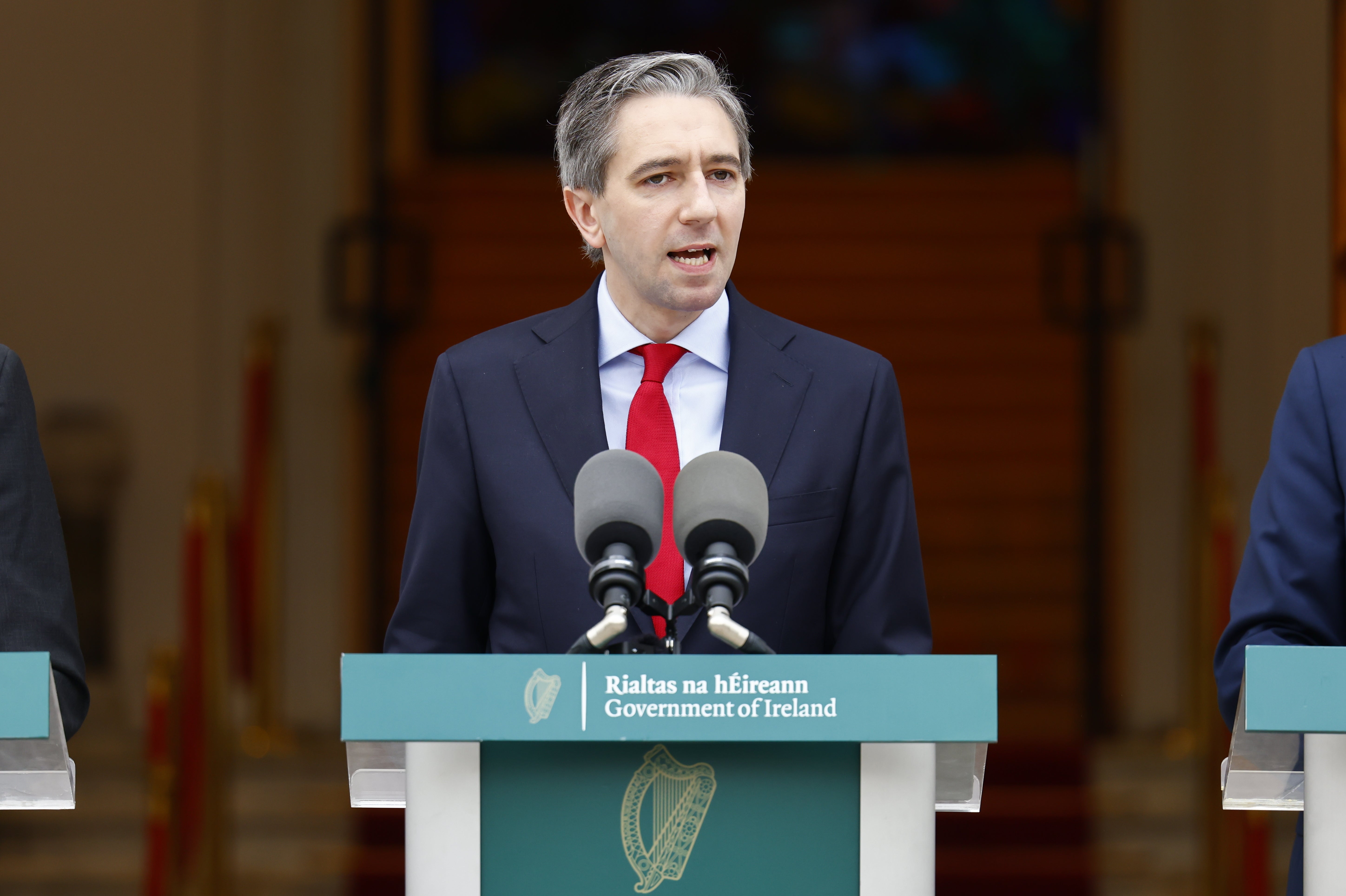 Irish leader Simon Harris holds a press conference at the Government Buildings in Dublin, to recognise the state of Palestine