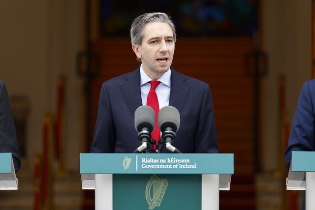 <p>Irish leader Simon Harris holds a press conference at the Government Buildings in Dublin, to recognise the state of Palestine </p>