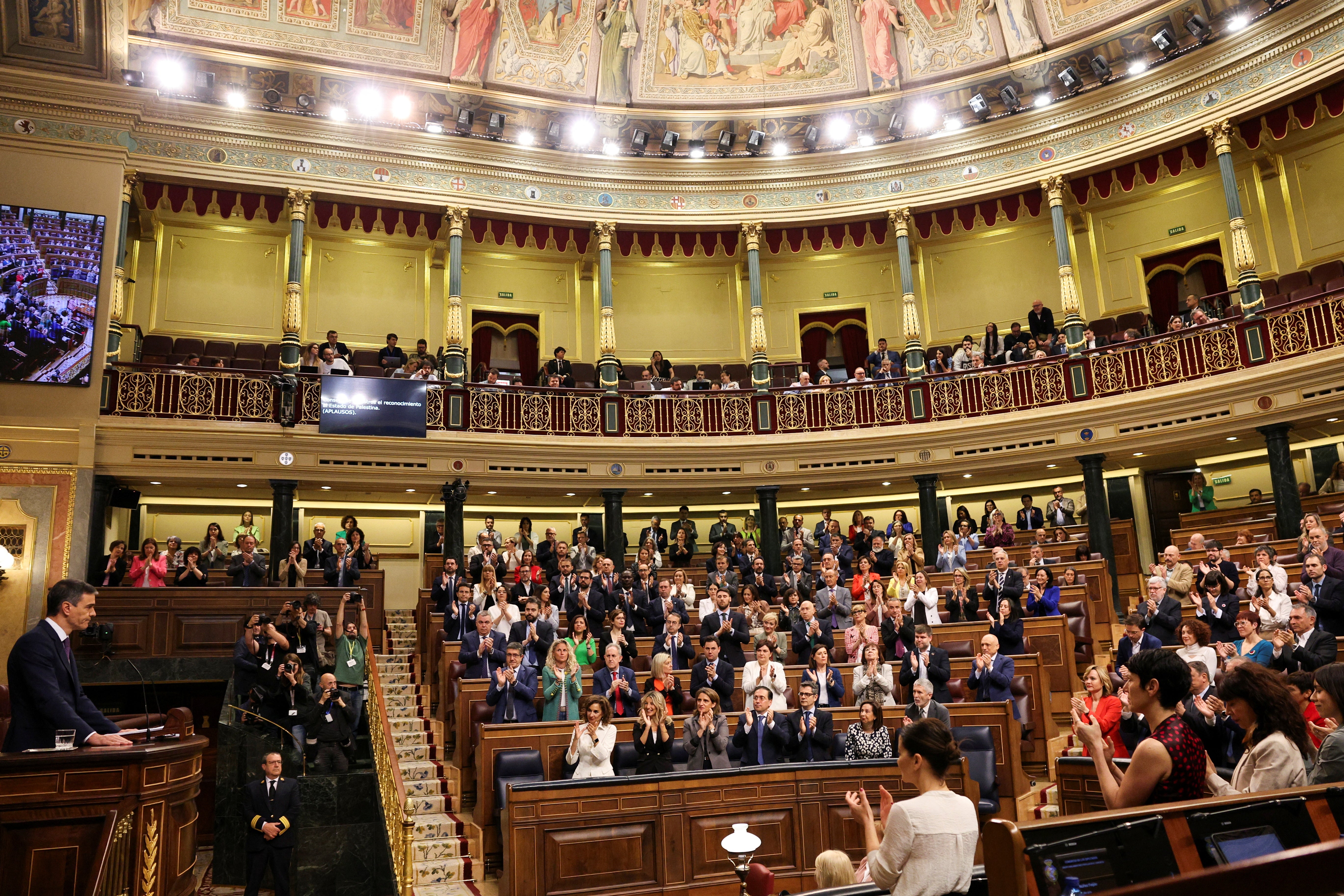 Spanish prime minister Pedro Sanchez receives applause as he announces that the country’s council of ministers will recognise an independent Palestinian state during a plenary session of the lower house of the Spanish parliament