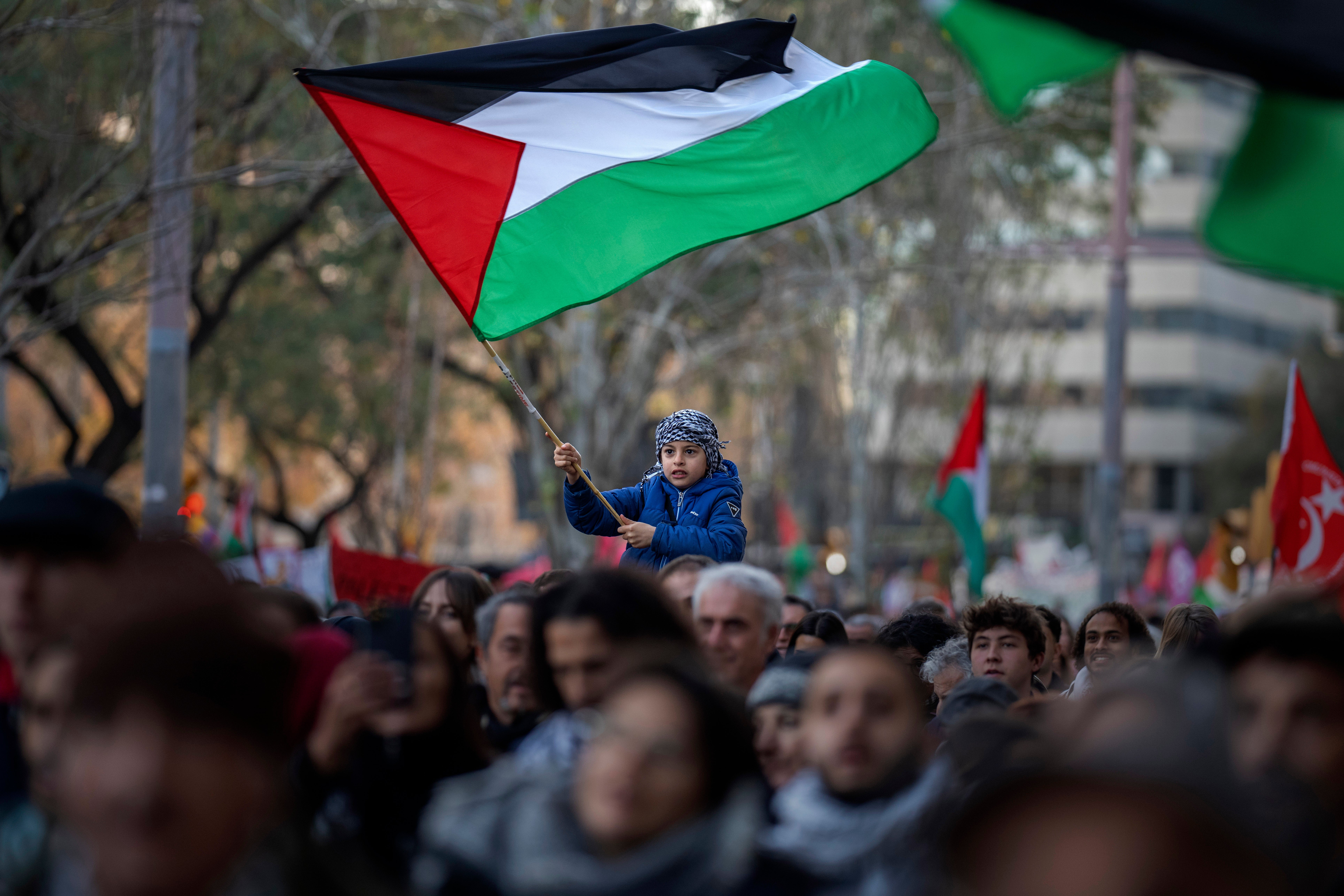 A boy waves a Palestinian flag as demonstrators march in Barcelona, Spain