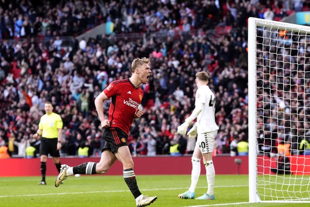 Rasmus Hojlund celebrates scoring the winning penalty against Coventry (Nick Potts/PA)