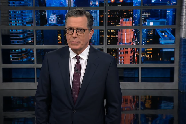 <p>Stephen Colbert reacts to the problematic mistake made by the Trump campaign after a video uploaded to Truth Social included the words “unified Reich” </p>