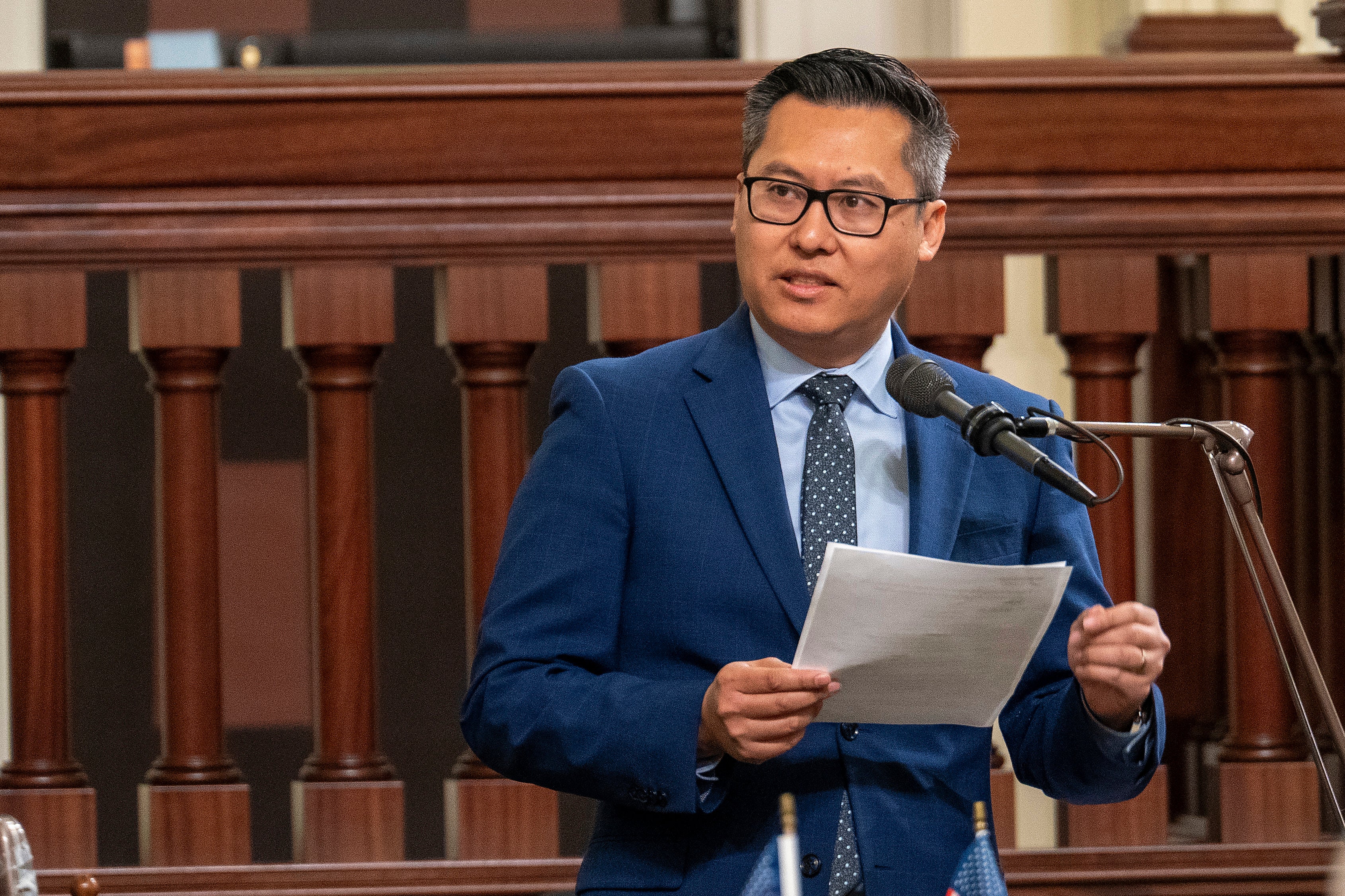 Republican Assemblymember Vince Fong speaks on the floor of the California Assembly on 11 April 2024