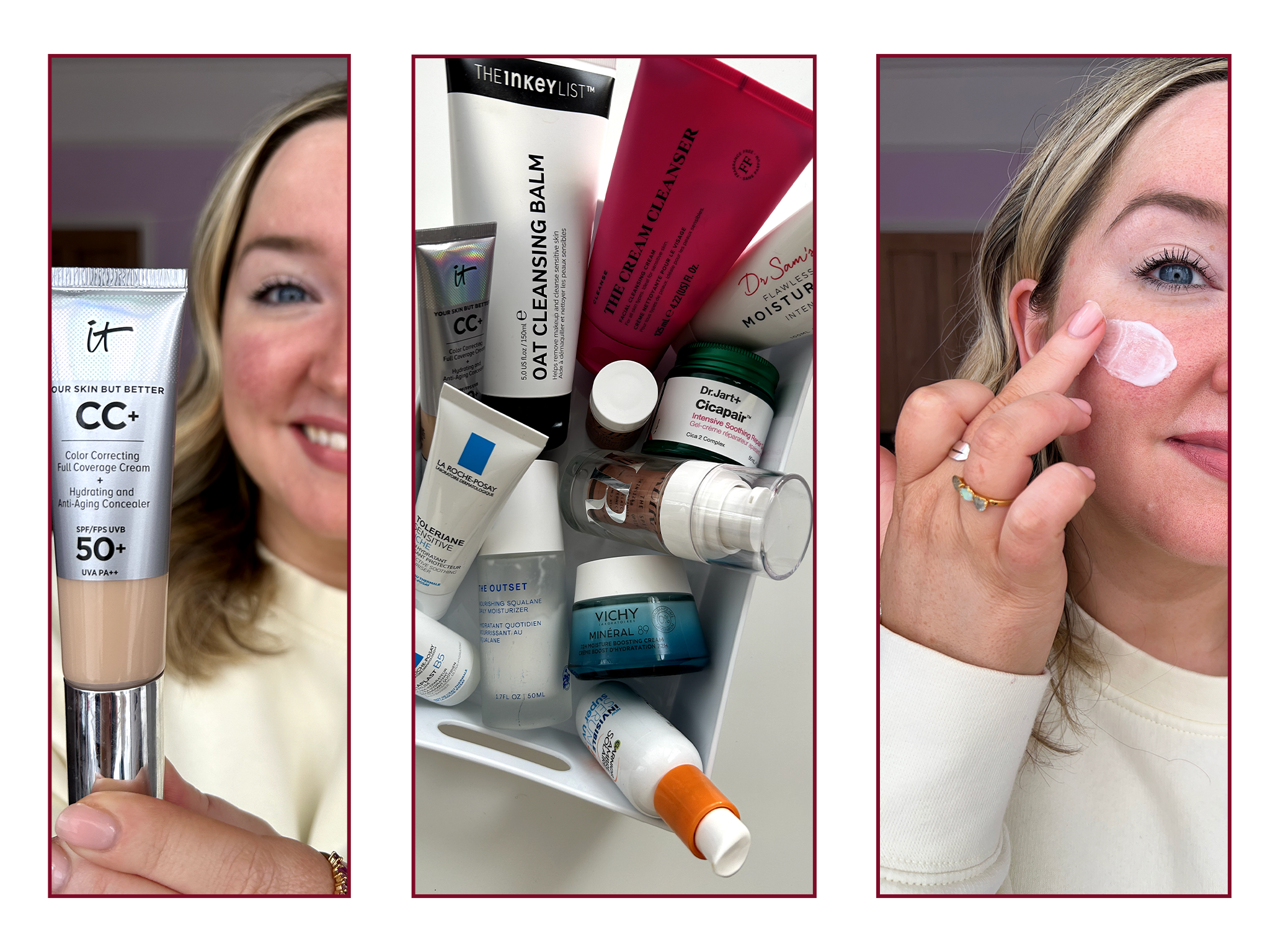 Our tester in action with the tried and tested rosacea products