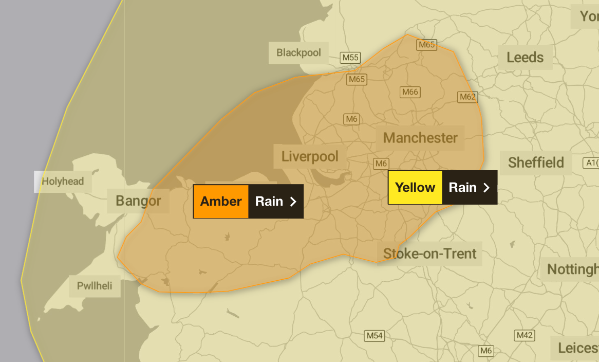 An amber weather warning is in place across parts of north Wales and northwest England, including Manchester and Liverpool, between 12pm on Tuesday and 12pm on Wednesday