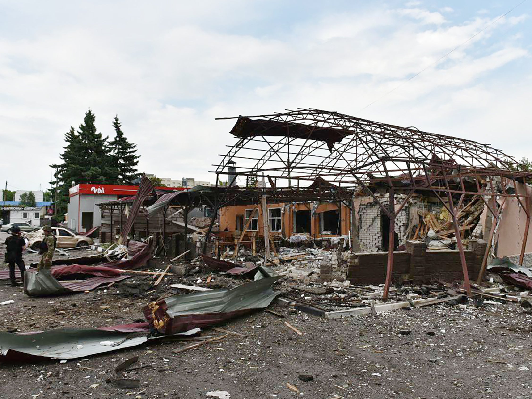 A cafe in the northeast Ukrainian city of Kharkiv is seen completely destroyed by a Russian glide bomb