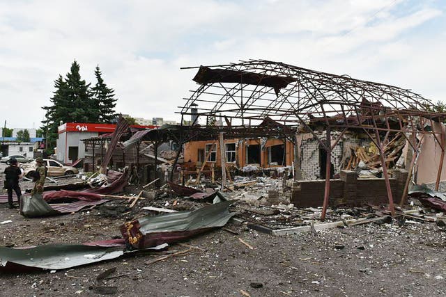 <p>A cafe in the northeast Ukrainian city of Kharkiv is seen completely destroyed by a Russian glide bomb </p>