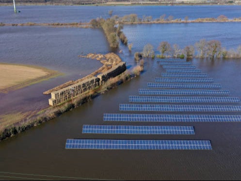 Floodwaters surround a solar farm in Yorkshire after the River Aire burst its banks in 2020