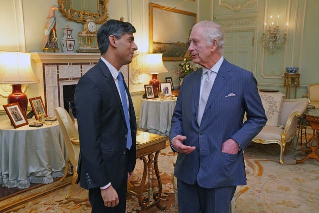 <p>The King with Prime Minister Rishi Sunak at Buckingham Palace in February (Jonathan Brady/PA)</p>
