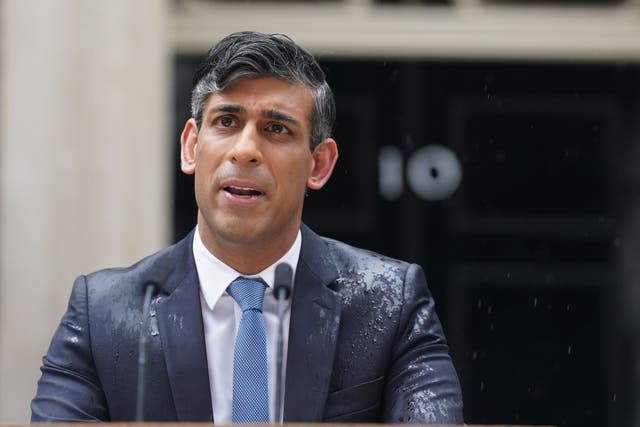 <p>Rishi Sunak looked somewhat beleaguered and washed out in the rain at the Downing Street podium – an irresistible metaphor for the serial incompetence his administration has suffered</p>