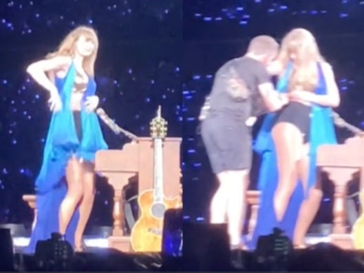 Taylor Swift handles a wardrobe mic malfunction in Stockholm