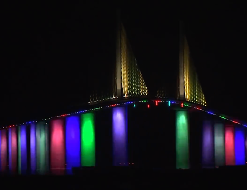 Florida’s Skyway bridge lit up in rainbow colors in previous years. Governor Ron DeSantis has banned this year’s display