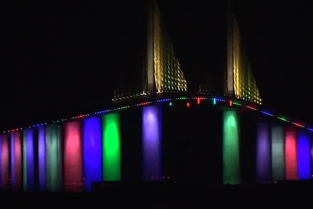 <p>Florida’s Skyway bridge lit up in rainbow colors in previous years. Governor Ron DeSantis has banned this year’s display</p>