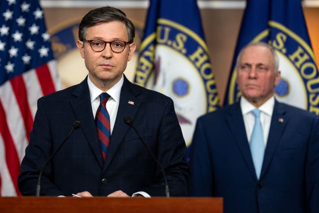 <p>Speaker of the House Mike Johnson (R-LA) takes questions during a weekly news conference on Capitol Hill on May 22, 2024 in Washington, DC</p>