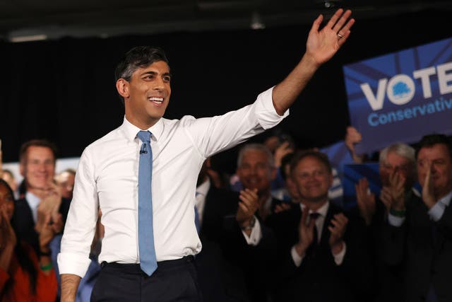 <p>Rishi Sunak is all smiles at the first Conservative Party general election campaign rally </p>