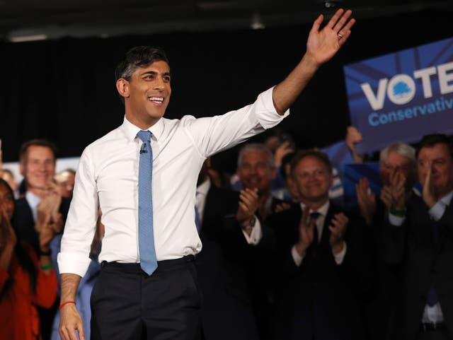 <p>Rishi Sunak is all smiles at the first Conservative Party general election campaign rally </p>