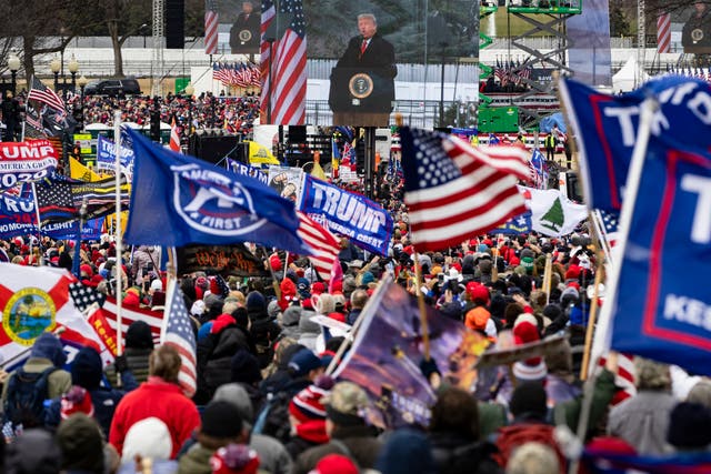 <p>Trump supporters listen to him speak on January 6, 2021 before some stormed the Capitol. Prosecutors could issue new evidence in late September as part of election subversion case against Trump </p>