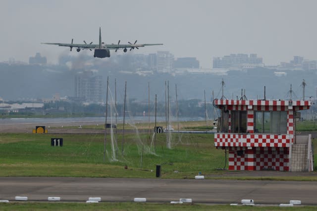 <p>A Taiwan Air Force C-130 aircraft takes off at Hsinchu Air Base in Hsinchu</p>