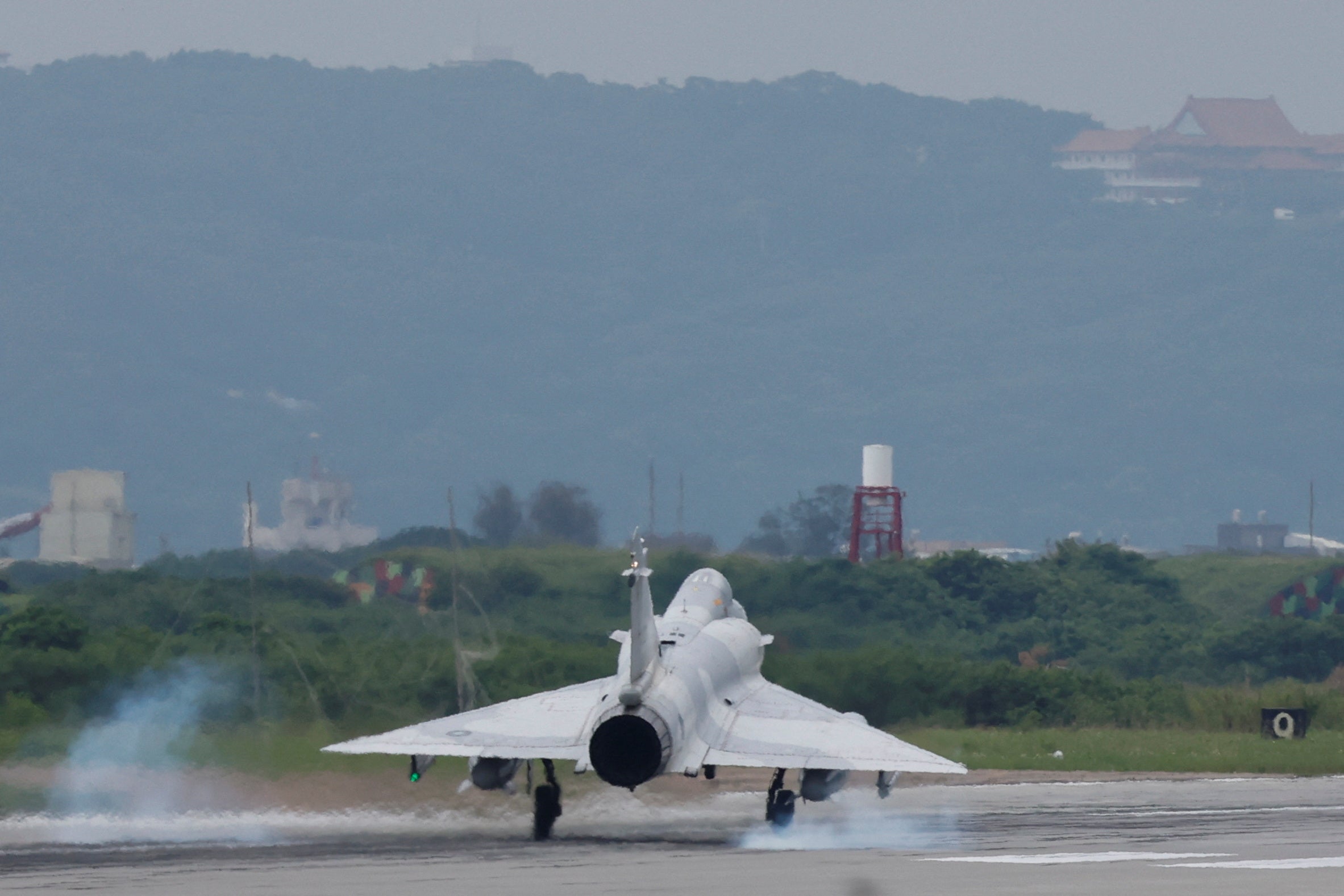 A Taiwan Air Force Mirage 2000-5 aircraft lands at Hsinchu Air Base in Hsinchu