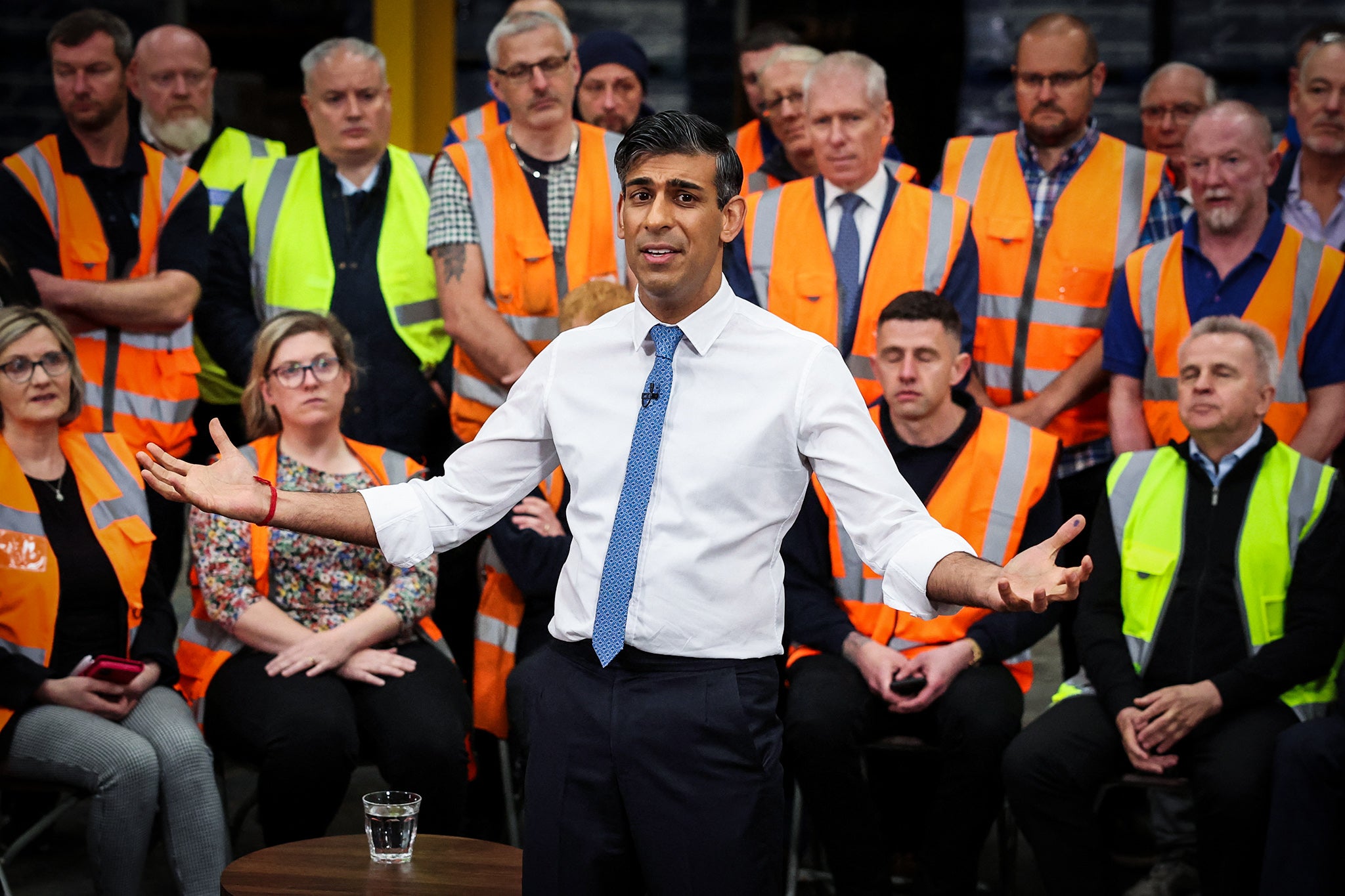 Prime Minister Rishi Sunak takes part in a Q&A with workers during a visit to West William Distribution in Ilkeston, Derbyshire