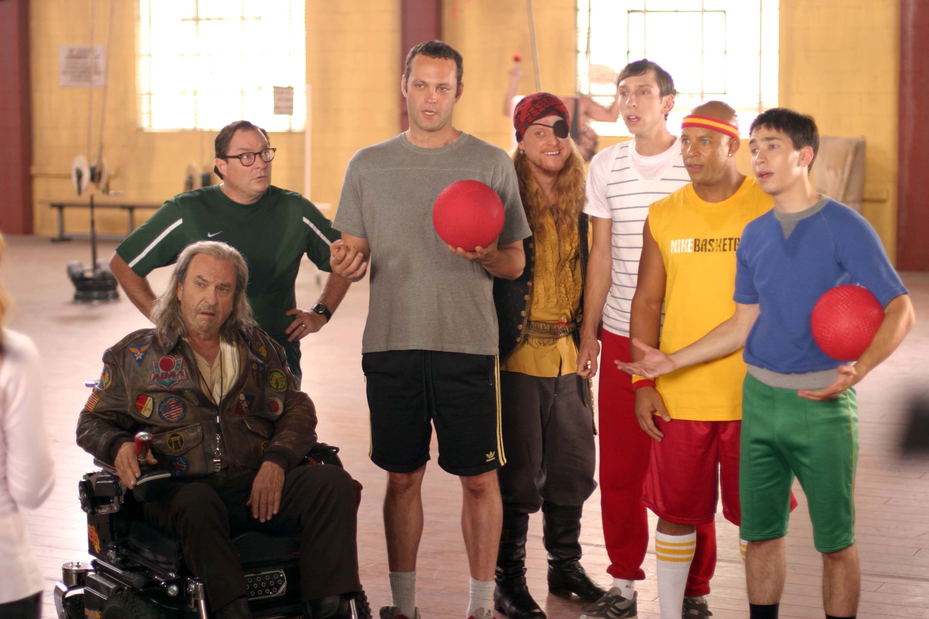 Rip Torn, Stephen Root, Vince Vaughn, Alan Tudyk, Joel David Moore, Chris Williams and Justin Long in ‘Dodgeball'
