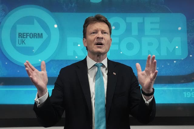 <p>Leader of Reform UK Richard Tice speaking during a General Election campaign launch (Lucy North/PA)</p>