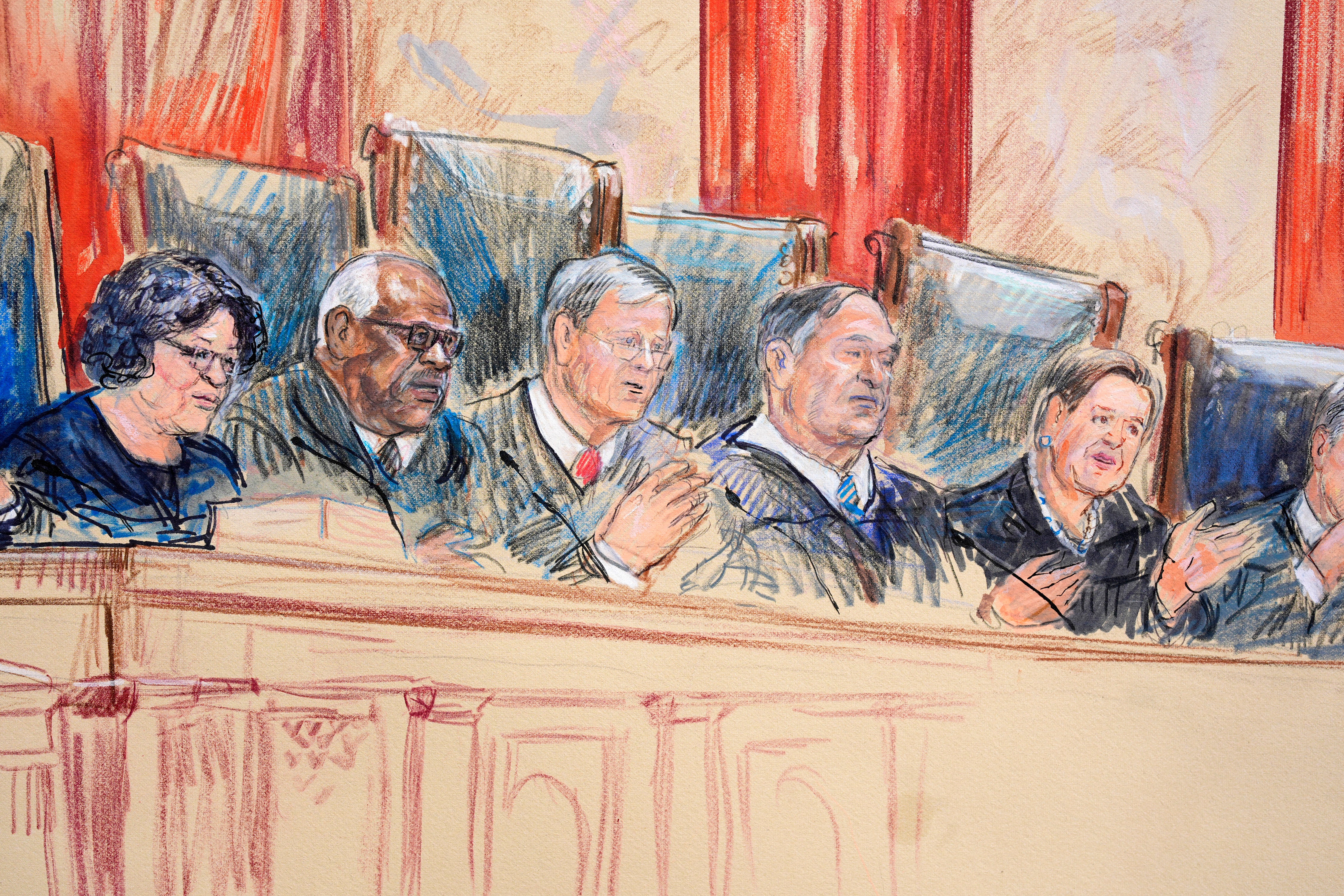 A court sketch depicts Justices Sonia Sotomayor and Clarence Thomas, Chief Justice John Roberts, and Justices Samuel Alito and Elena Kagan on April 25.