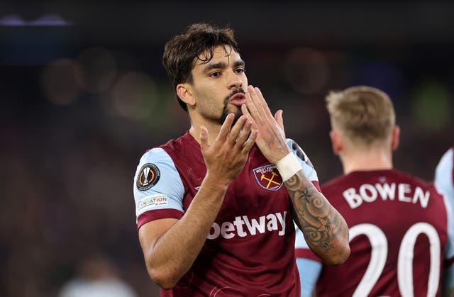 <p>Lucas Paqueta of West Ham United celebrates against Olympiacos</p>