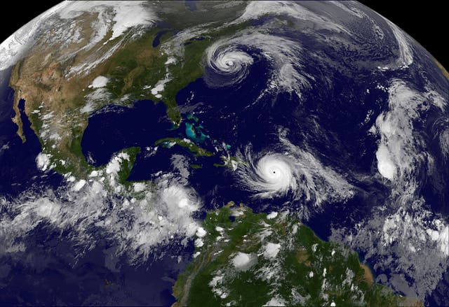 Hurricane Maria which bore down menacingly on the Virgin Islands and Puerto Rico on Tuesday after devastating the tiny island nation of Dominica and Hurricane Jose (top) are both seen in the Atlantic Ocean in this NOAA’s GOES East satellite image taken in September 2017