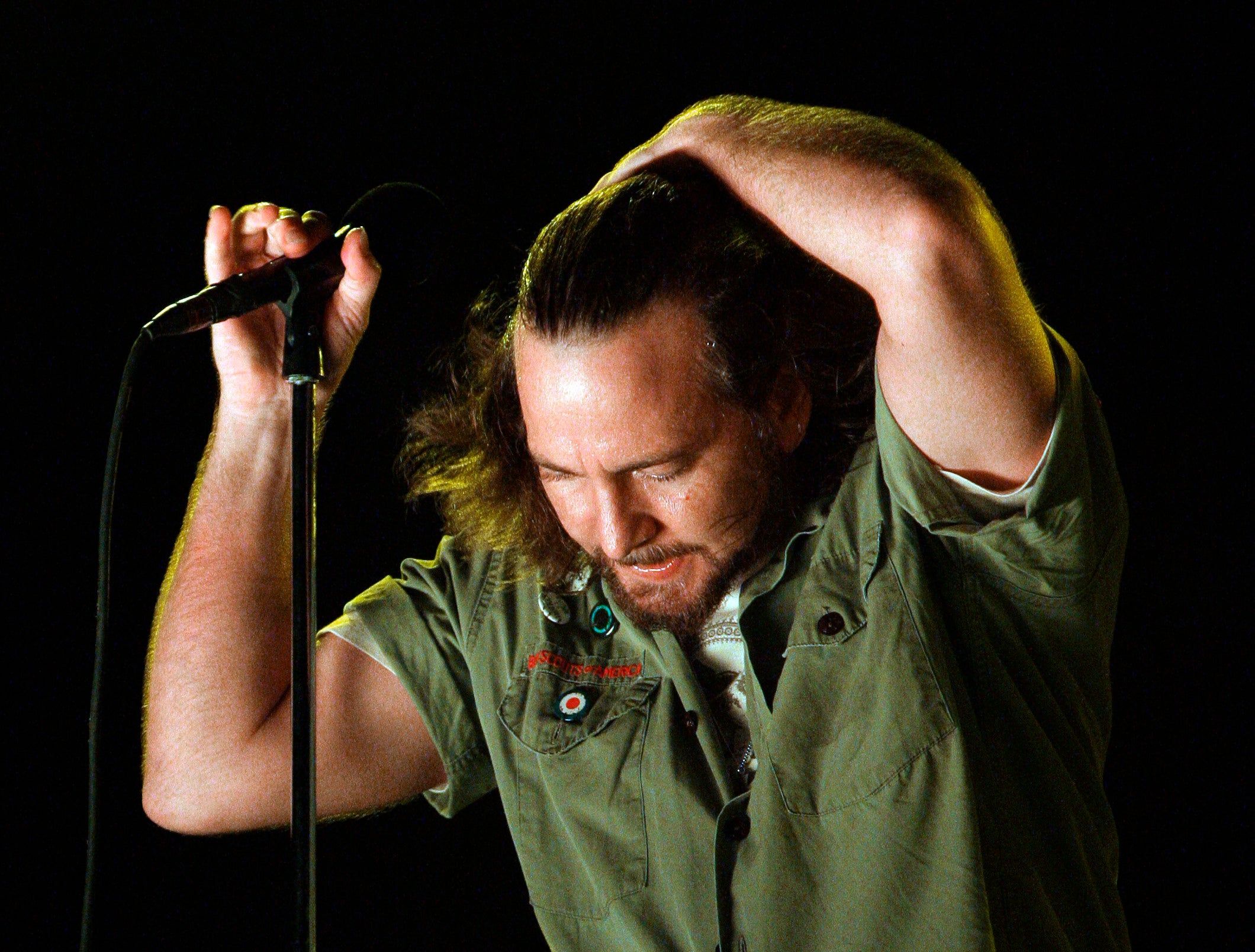 Pearl Jam lead singer Eddie Vedder performs at the Bonnaroo music festival in Manchester, Tenn., June 14, 2008. In 1994 Pearl Jam filed a complaint against Ticketmaster with the Justice Department, claiming that the company used its position in the industry to stop promoters from booking the band because they railed against Ticketmaster's pricing