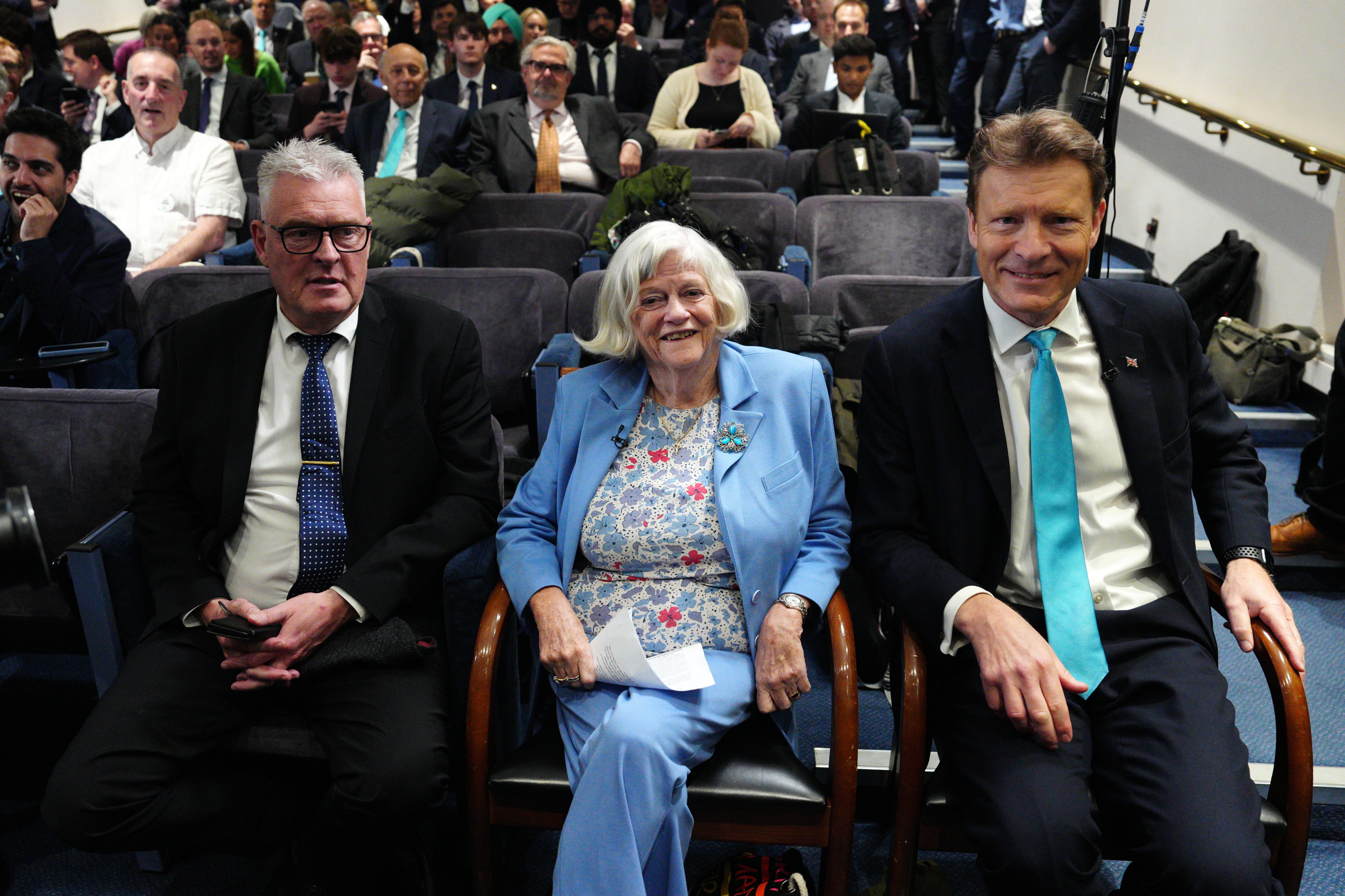 Lee Anderson, former MP Ann Widdecombe, and Reform UK leader Richard Tice at the party election launch on Thursday