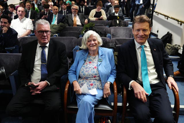 <p>Lee Anderson, former MP Ann Widdecombe and Reform UK leader Richard Tice at the party election launch on Thursday</p>