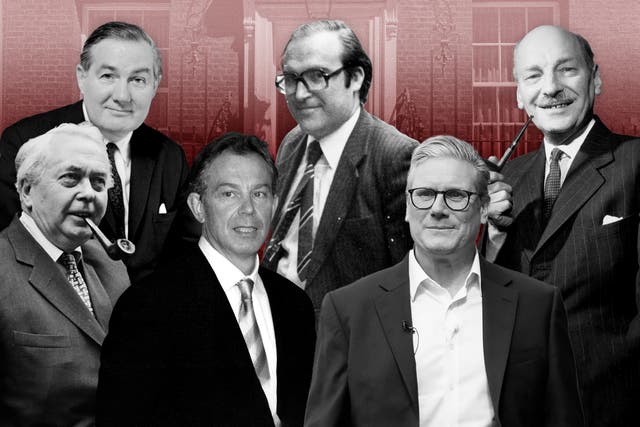 <p>Labour leaders: (from left) Harold Wilson, James Callahan, Tony Blair, John Smith, Keir Starmer, Clement Attlee </p>
