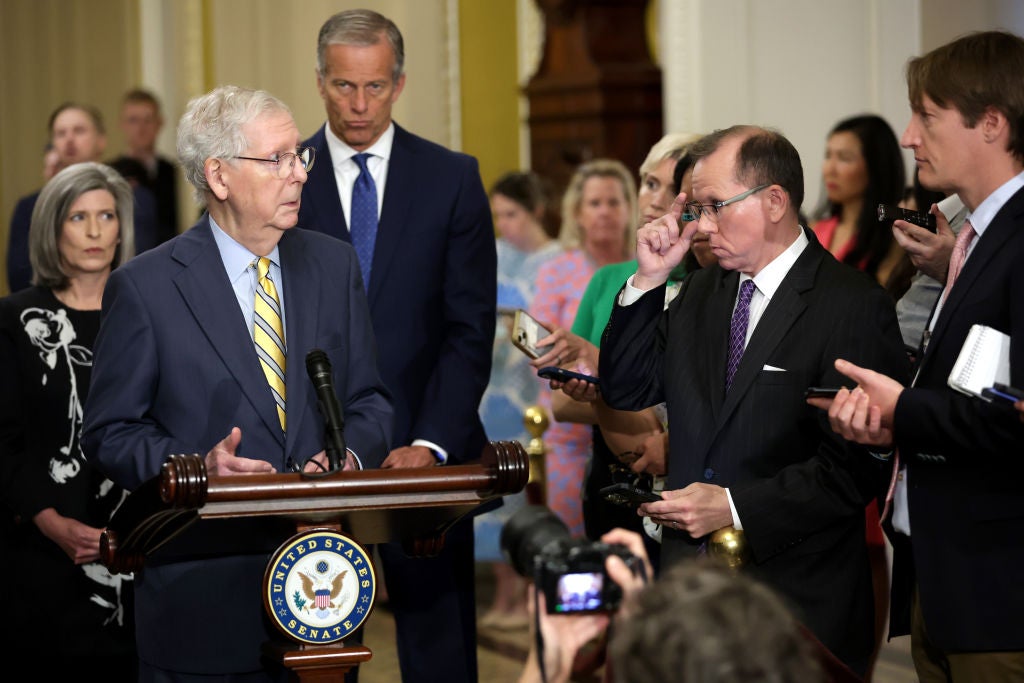 Senator Mitch McConnell speaks to reporters at a press conference on Tuesday, 21 May 2024