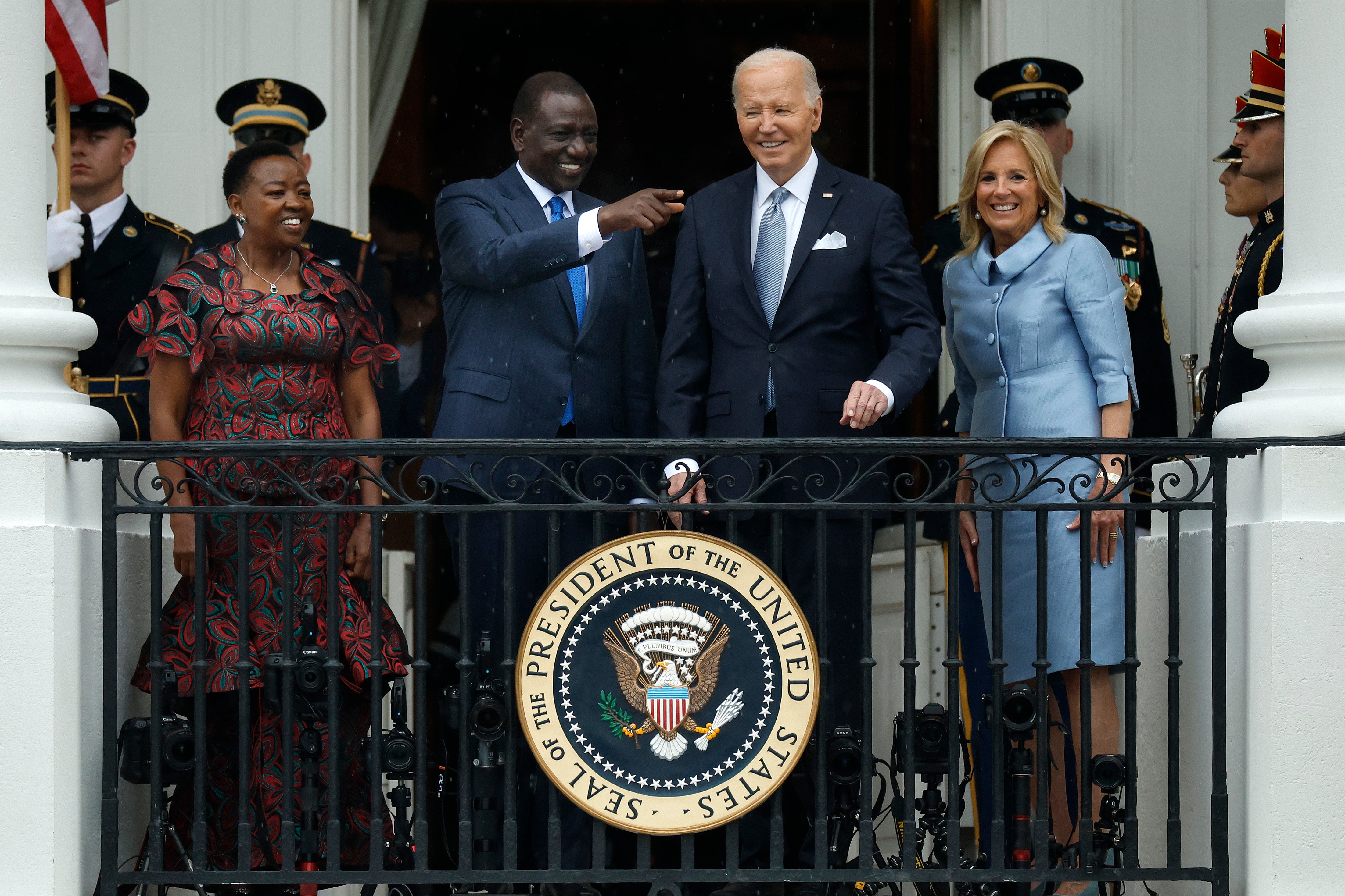 President Joe Biden first lady Jill Biden, Kenyan President William Ruto and his wife Rachel Ruto wave together during an arrival ceremony on the South Lawn of the White House on May 23, 2024 in Washington, DC
