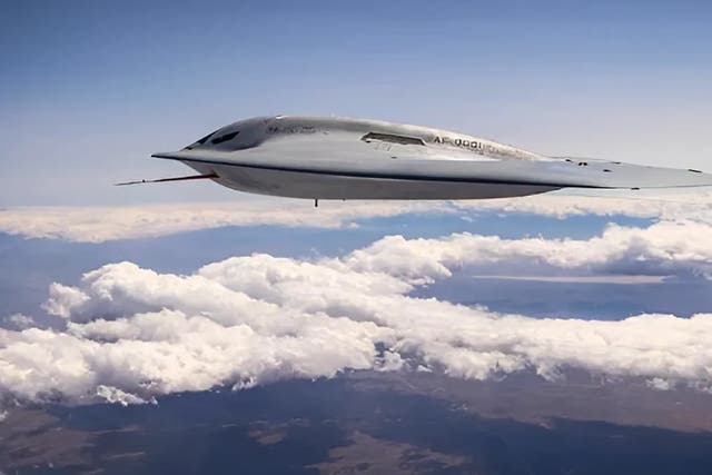 <p>The new B-21 stealth bomber in flight</p>
