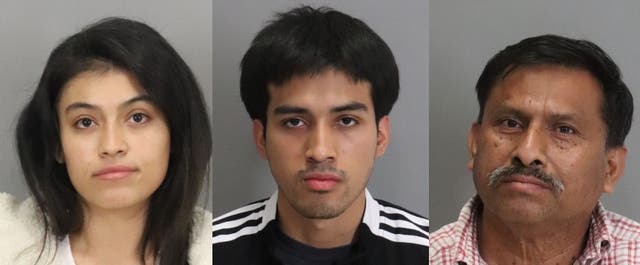 <p>Claudia Hernandez, 26, (left), Rene ‘Aaron’ Hernandez Santos, 20, (middle) and Rene Trigueros Hernandez, 60, (right) have all been charged in connection to the death of Arely Naomi</p>