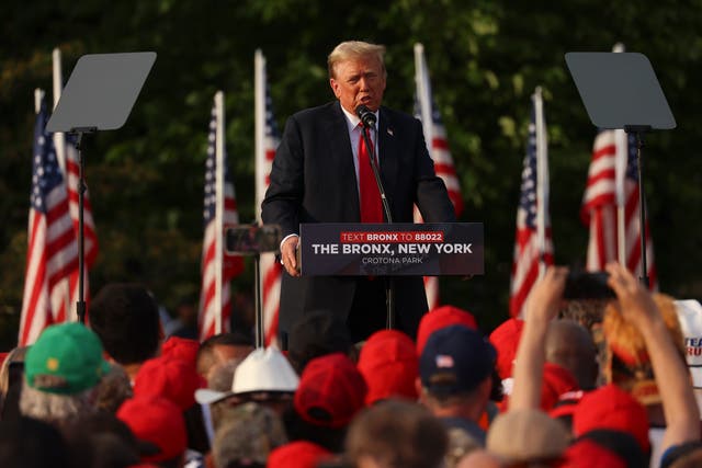 <p>Donald Trump addresses his supporters at a campaign rally in Crotona Park in the South Bronx, New York City, on Thursday 23 May 2024 </p>