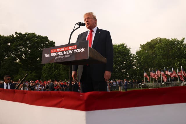 <p>Donald Trump addresses his fans in Crotona Park in the South Bronx, New York City, on Thursday 23 May 2024 </p>