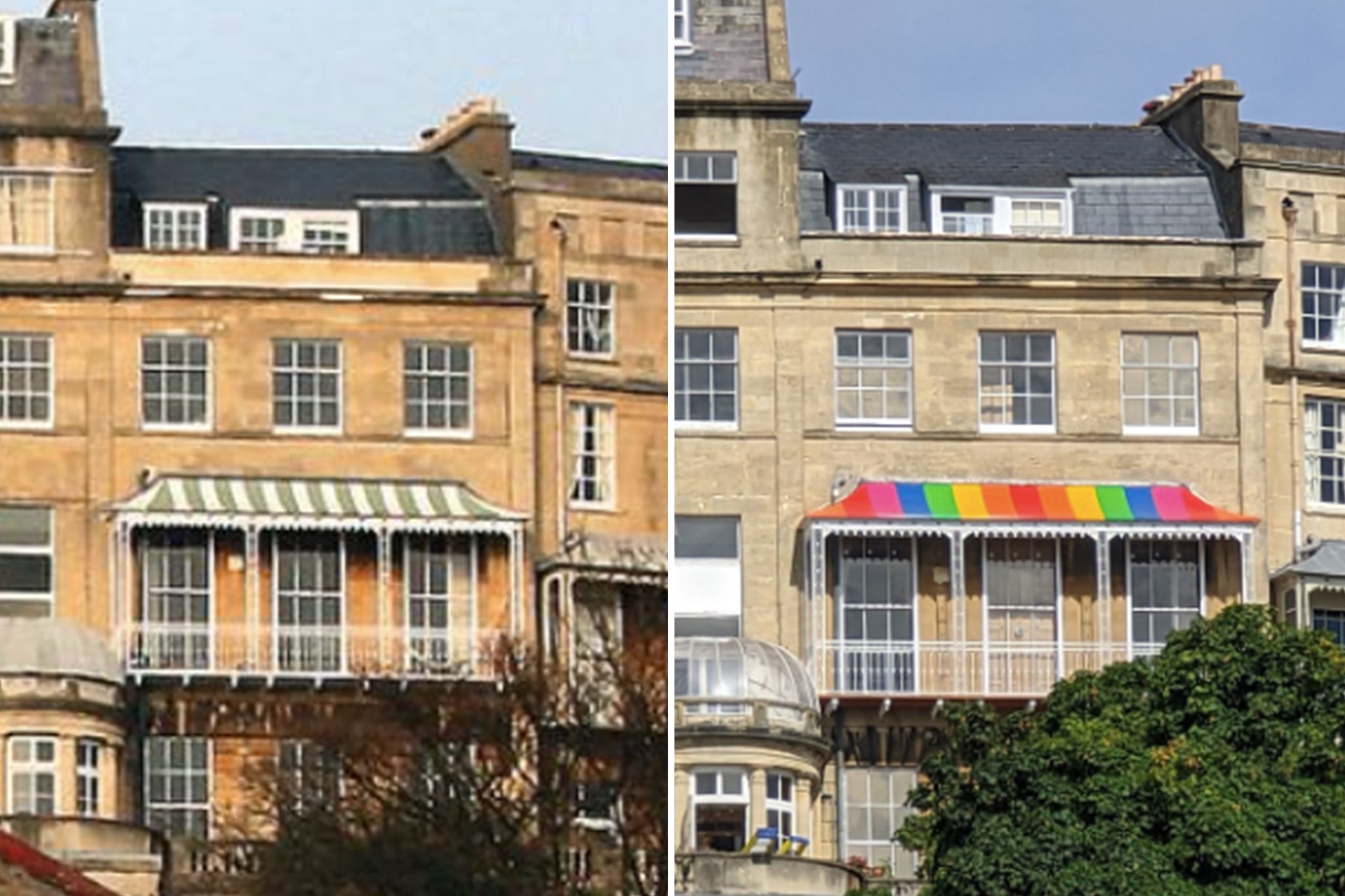 How the rainbow canopy looked before and after it was painted by Ken Aylmer, who is now returning it to its original design