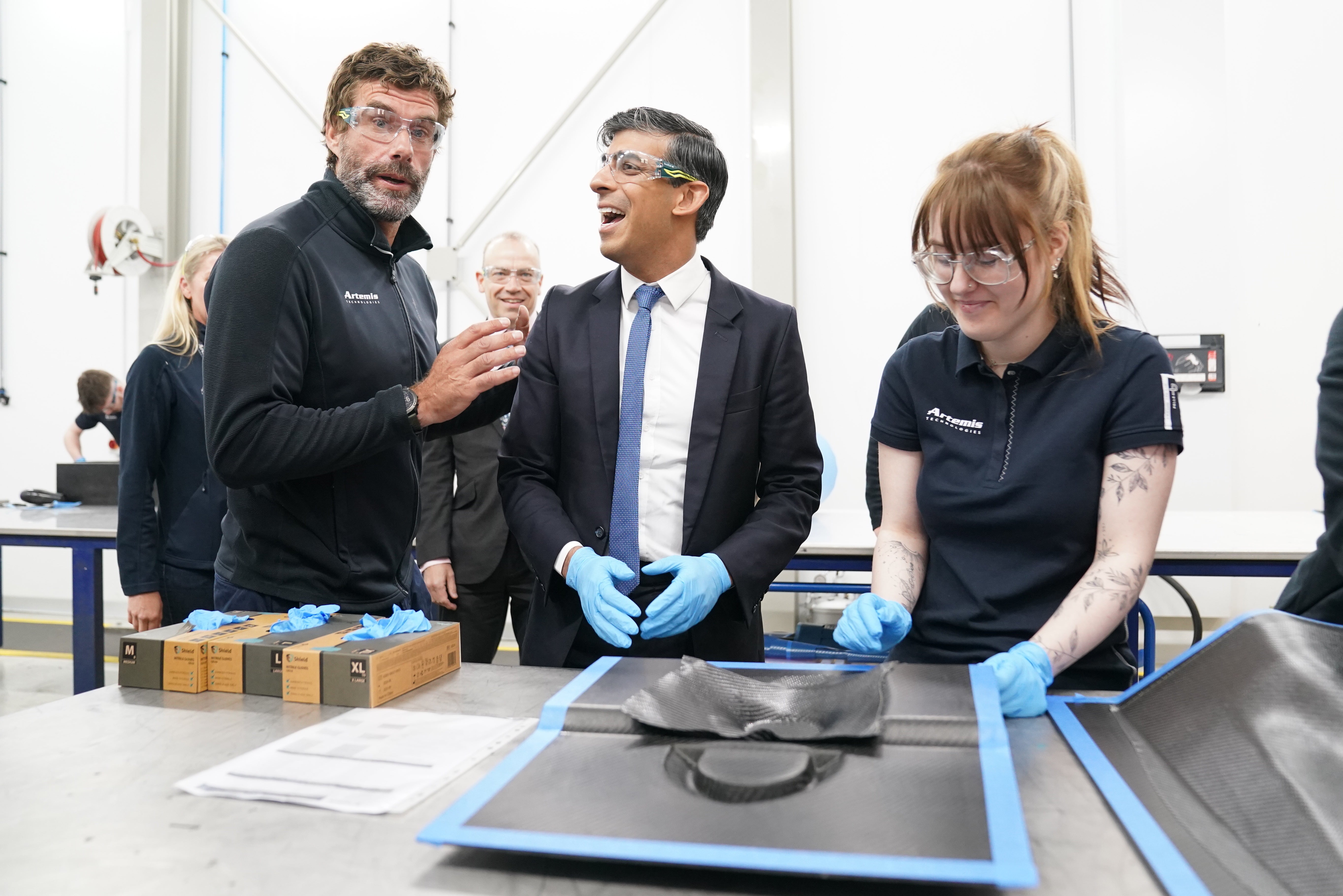 Prime Minister Rishi Sunak during his visit to a maritime technology centre at a dockyard in Northern Ireland