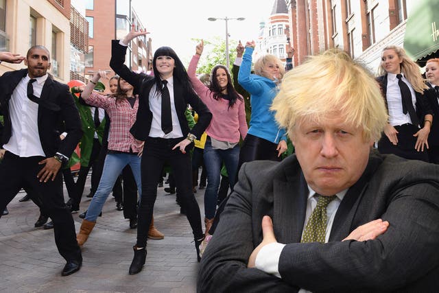 <p>A London flash mob in 2013, and the former PM Boris Johnson – whose ban on booze on the London Underground may have kickstarted the demise</p>