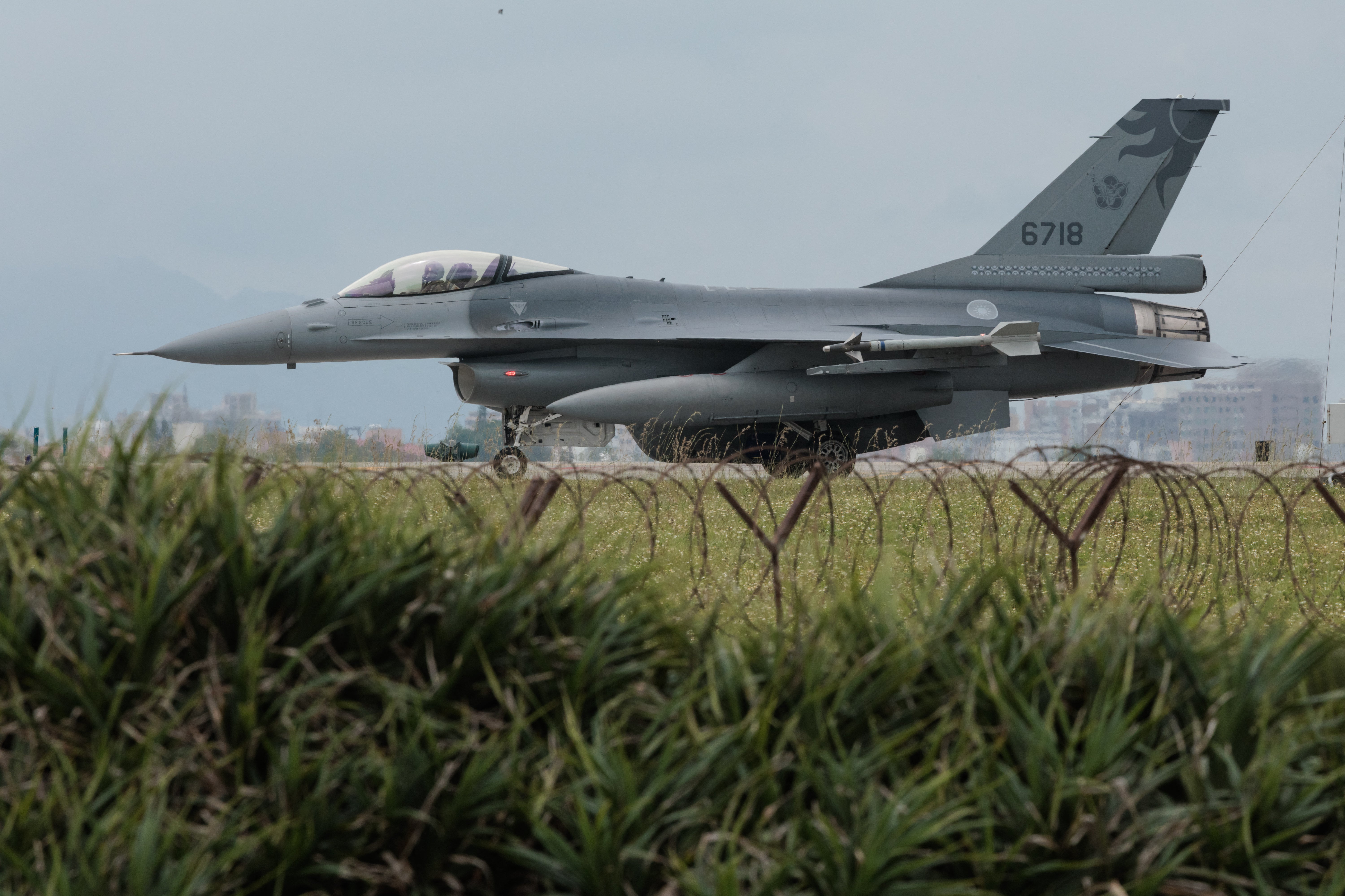 A Taiwanese Air Force F-16 fighter jet taxis after landing at an air force base in Hualien in eastern Taiwan