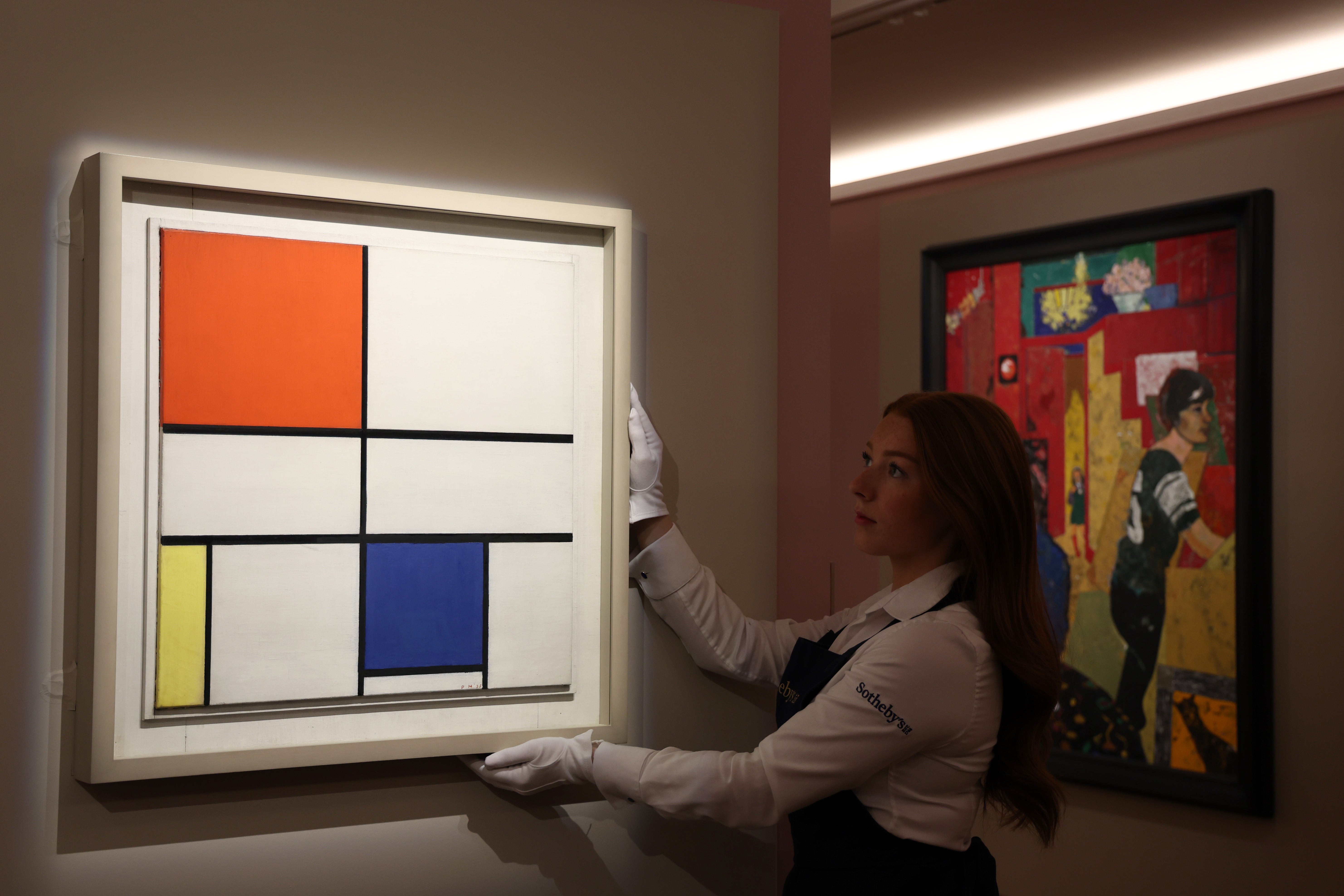 Piet Mondrian’s iconic 1935 painting Composition C (No.III) with Red, Yellow, and Blue is on view at Sotheby